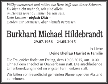 Traueranzeige von Burkhard Michael Hildebrandt von WVG - Wochenspiegel Wittenberg