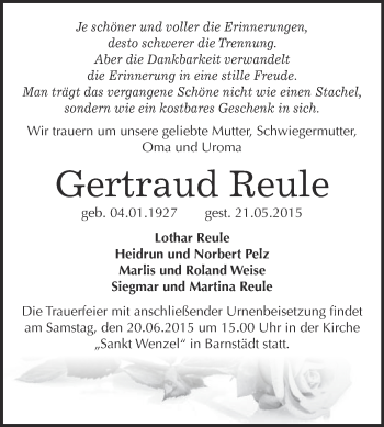 Traueranzeige von Gertraud Reule von WVG - Wochenspiegel Merseburg