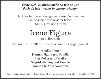 Traueranzeige von Irene Figura von WVG - Wochenspiegel Dessau / Köthen