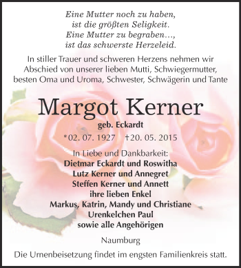 Traueranzeige von Margot Kerner von WVG - Wochenspiegel NMB / WSF / ZTZ
