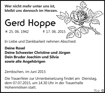 Traueranzeige von Gerd Hoppe von WVG - Wochenspiegel NMB / WSF / ZTZ