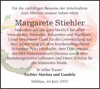 Traueranzeige von Margarete Stiehler von WVG - Wochenspiegel Wittenberg