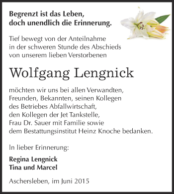 Traueranzeige von Wolfgang Lengnick von Super Sonntag Aschersleben