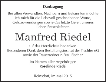 Traueranzeige von Manfred Riedel von WVG - Wochenspiegel Wittenberg