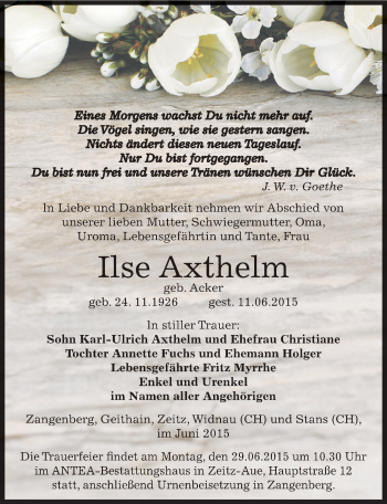 Traueranzeige von Ilse Axthelm von Mitteldeutsche Zeitung Zeitz