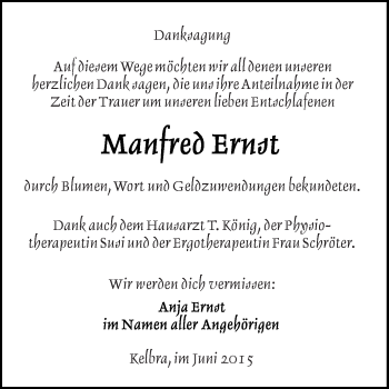 Traueranzeige von Manfred Ernst von Super Sonntag SGH Mansf. Land