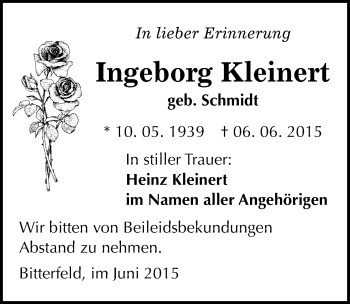 Traueranzeige von Ingeborg Kleinert von Mitteldeutsche Zeitung Bitterfeld