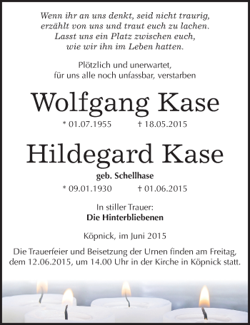 Traueranzeige von Hildegard und Wolfgang Kase von Mitteldeutsche Zeitung Wittenberg