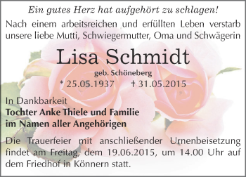 Traueranzeige von Lisa Schmidt von Super Sonntag Bernburg
