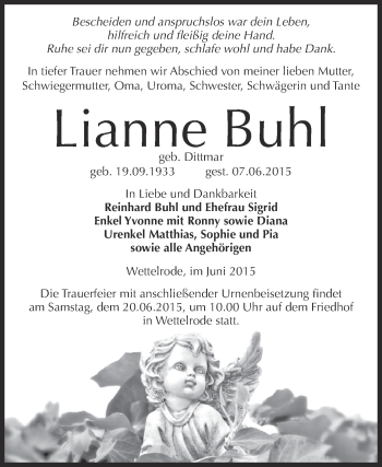 Traueranzeige von Lianne Buhl von Super Sonntag SGH Mansf. Land