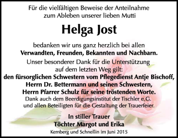 Traueranzeige von Helga Jost von Super Sonntag Wittenberg