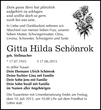 Traueranzeige von Gitta Hilda Schönrok von Mitteldeutsche Zeitung Halle/Saalkreis
