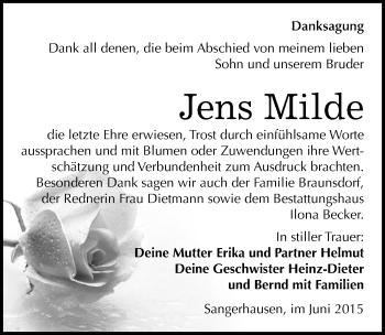 Traueranzeige von Jens Milde von Mitteldeutsche Zeitung Sangerhausen