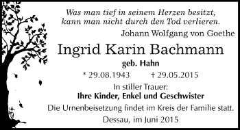 Traueranzeige von Ingrid Karin Bachmann von Mitteldeutsche Zeitung Dessau-Roßlau