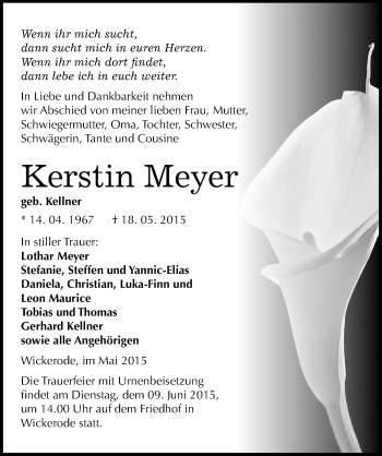 Traueranzeige von Kerstin Meyer von Mitteldeutsche Zeitung Sangerhausen