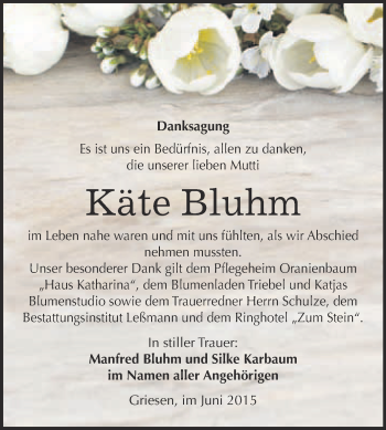 Traueranzeige von Käte Bluhm von WVG - Wochenspiegel Wittenberg