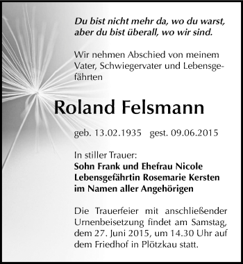 Traueranzeige von Roland Felsmann von Mitteldeutsche Zeitung Bernburg