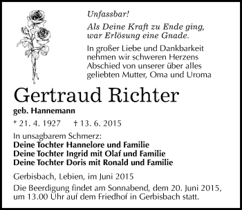 Traueranzeige von Gertraud Richter von Mitteldeutsche Zeitung Wittenberg