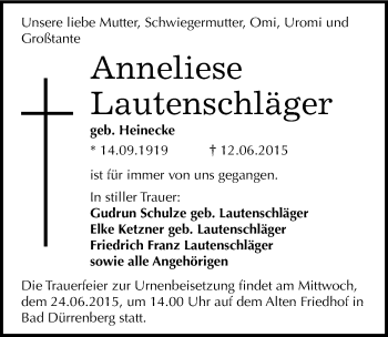 Traueranzeige von Anneliese Lautenschläger von Mitteldeutsche Zeitung Merseburg/Querfurt