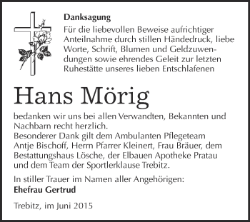 Traueranzeige von Hans Mörig von WVG - Wochenspiegel Wittenberg