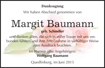 Traueranzeige von Margit Baumann von Mitteldeutsche Zeitung Quedlinburg