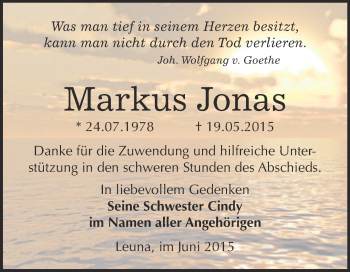 Traueranzeige von Markus Jonas von Super Sonntag Merseburg