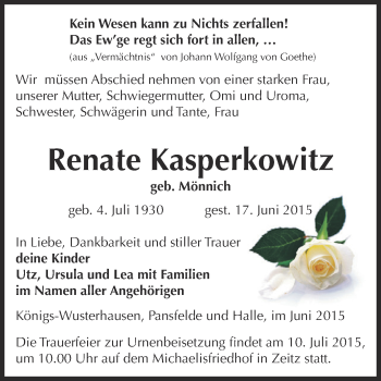 Traueranzeige von Renate Kasperkowitz von Super Sonntag Zeitz