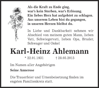 Traueranzeige von Karl-Heinz Ahlemann von WVG - Wochenspiegel Dessau / Köthen