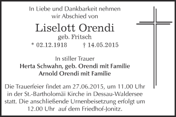 Traueranzeige von Liselott Orendi von WVG - Wochenspiegel Dessau / Köthen
