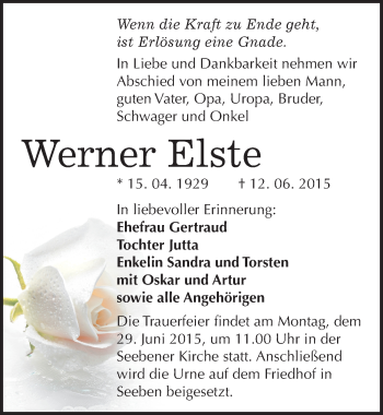 Traueranzeige von Werner Elste von Mitteldeutsche Zeitung Halle/Saalkreis