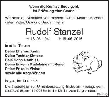 Traueranzeige von Rudolf Stanzel von Super Sonntag Zeitz