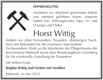 Traueranzeige von Horst Wittig von Wochenspiegel Mansfelder Land