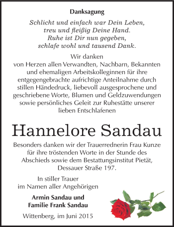 Traueranzeige von Hannelore Sandau von Mitteldeutsche Zeitung Wittenberg