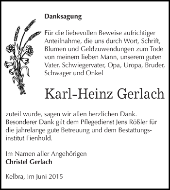 Traueranzeige von Karl-Heinz Gerlach von WVG - Wochenspiegel SGH