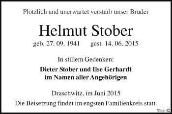 Traueranzeige von Helmut Stober von WVG - Wochenspiegel NMB / WSF / ZTZ