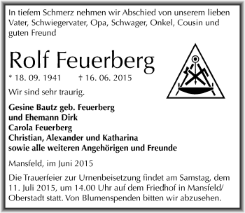 Traueranzeige von Rolf Feuerberg von Mitteldeutsche Zeitung Mansfelder Land