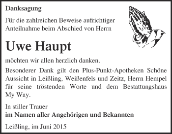 Traueranzeige von Uwe Haupt von WVG - Wochenspiegel NMB / WSF / ZTZ
