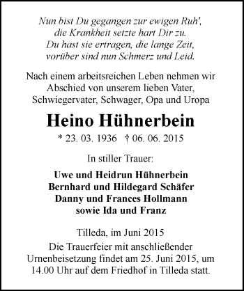 Traueranzeige von Heino Hühnerbein von Mitteldeutsche Zeitung Sangerhausen