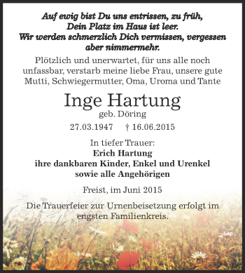 Traueranzeige von Inge Hartung von Super Sonntag SGH Mansf. Land