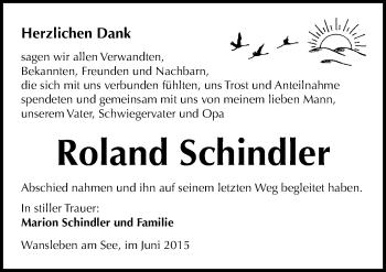 Traueranzeige von Roland Schindler von Mitteldeutsche Zeitung Mansfelder Land