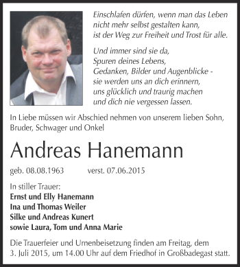 Traueranzeige von Andreas Hanemann von WVG - Wochenspiegel Dessau / Köthen