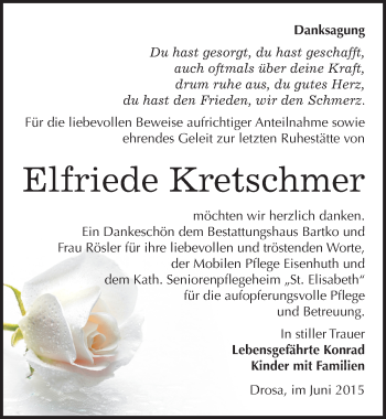 Traueranzeige von Elfriede Kretschmer von Mitteldeutsche Zeitung Köthen
