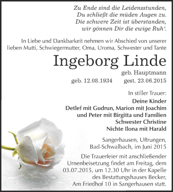 Traueranzeige von Ingeborg Linde von Super Sonntag SGH Mansf. Land
