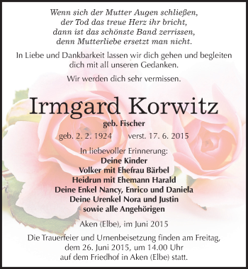 Traueranzeige von Irmgard Korwitz von Mitteldeutsche Zeitung Köthen