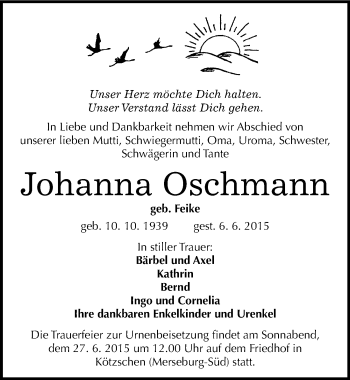 Traueranzeige von Johanna Oschmann von Mitteldeutsche Zeitung Merseburg/Querfurt