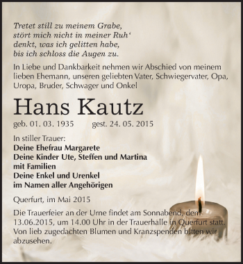 Traueranzeige von Hans Kautz von Mitteldeutsche Zeitung Merseburg/Querfurt