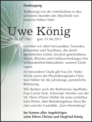 Traueranzeige von Uwe König von Super Sonntag SGH Mansf. Land