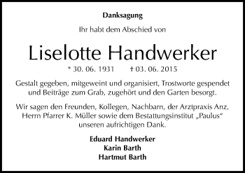 Traueranzeige von Liselotte Handwerker von Mitteldeutsche Zeitung Halle/Saalkreis