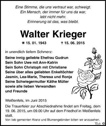 Traueranzeige von Walter Krieger von Mitteldeutsche Zeitung Weißenfels