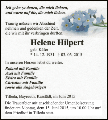 Traueranzeige von Helene Hilpert von Super Sonntag SGH Mansf. Land